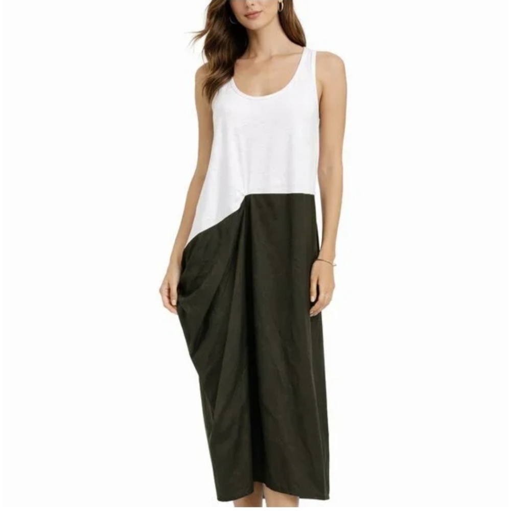 ZARA Poplin Midi Tank Dress, Asymetrical Contrast Hem,Green & White Size L -